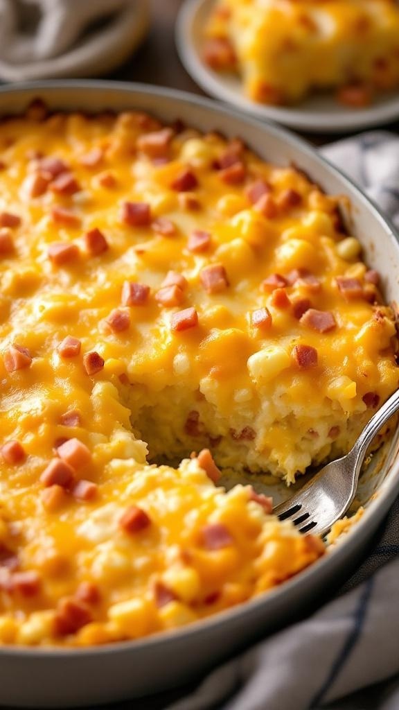 A delicious breakfast casserole with ham and cheese, baked to perfection.