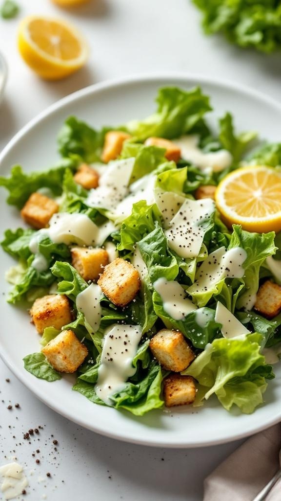 A classic Caesar salad with homemade croutons, topped with creamy dressing and garnished with lemon.