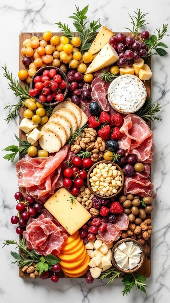 A beautifully arranged classic charcuterie board featuring meats, cheeses, fruits, nuts, and herbs.