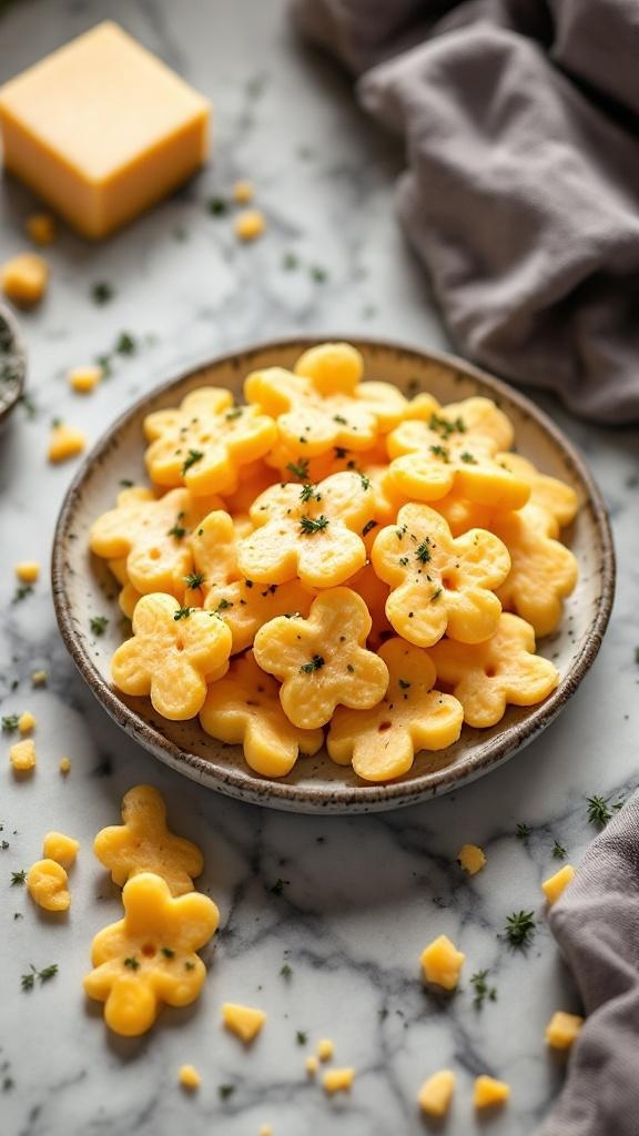 A plate of cheese crisps shaped like flowers, garnished with herbs.