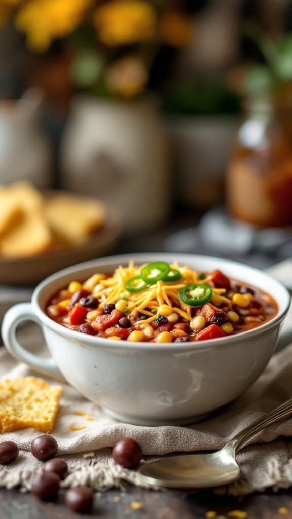 A bowl of classic chicken chili topped with cheese and jalapeños, served with crackers.