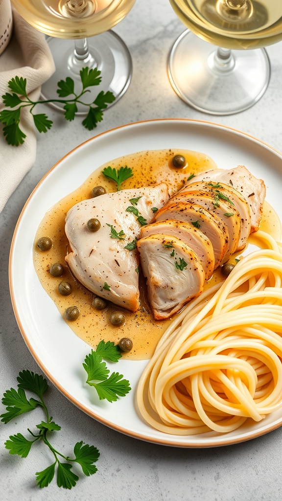 A plate of Chicken Piccata with pasta, garnished with parsley and capers.