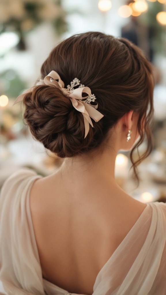 A woman with a classic chignon hairstyle adorned with ribbons, showcasing an elegant look.
