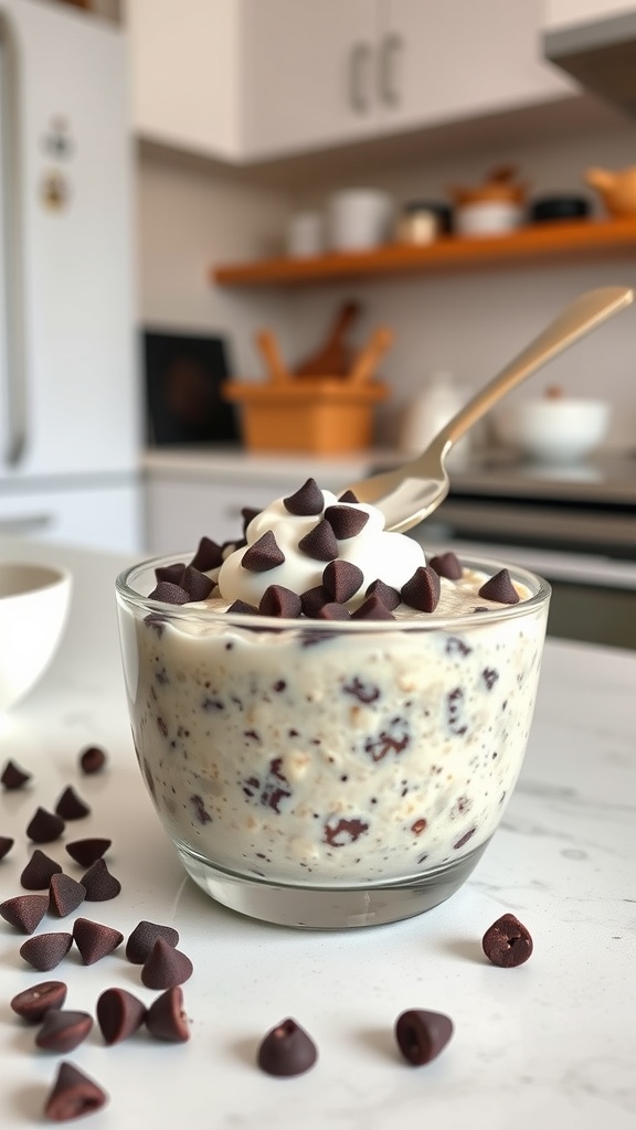 A bowl of chocolate chip overnight oats topped with whipped cream and chocolate chips, with a spoon resting beside it.