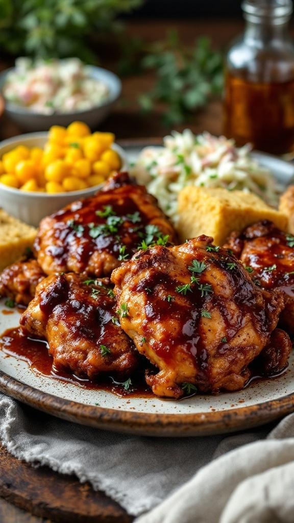 Southern BBQ chicken thighs served with cornbread and coleslaw