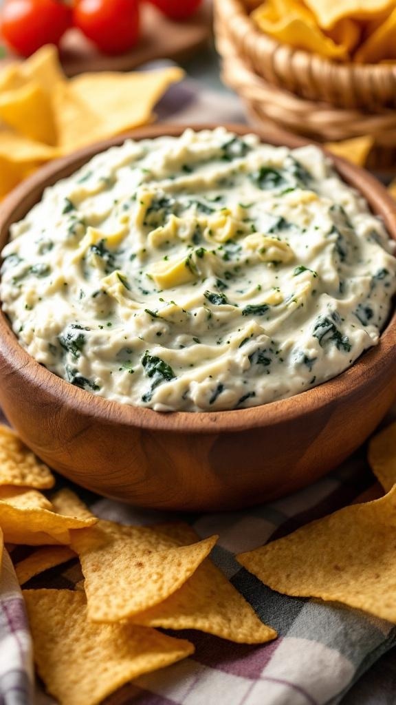 A bowl of creamy spinach artichoke dip surrounded by tortilla chips.