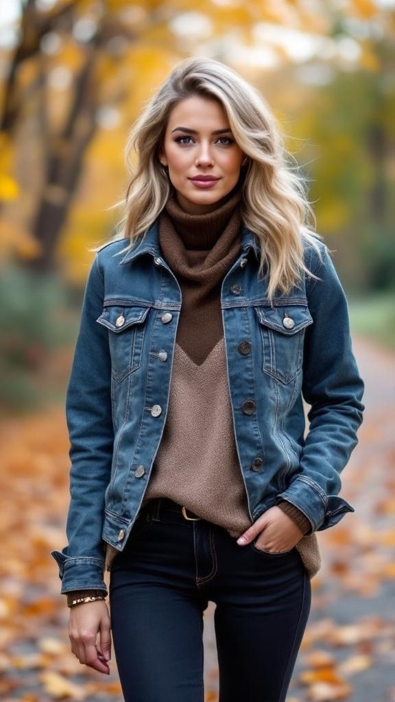 A woman wearing a denim jacket over a brown turtleneck, standing in a park with autumn leaves.