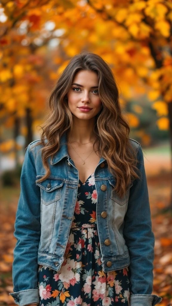 A woman wearing a denim jacket over a floral dress, standing in a park with autumn leaves.