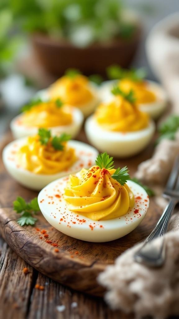 Delicious classic deviled eggs garnished with paprika and fresh herbs on a wooden platter.