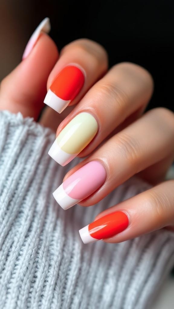 Colorful short nails with a classic French tip design featuring red, pink, and yellow shades.