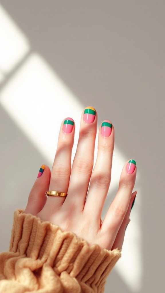 Colorful French tip nail design featuring pink base with green and yellow accents.
