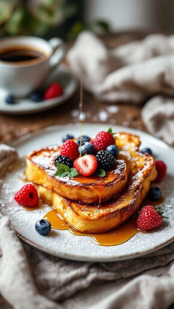 A plate of classic French toast topped with fresh berries and syrup