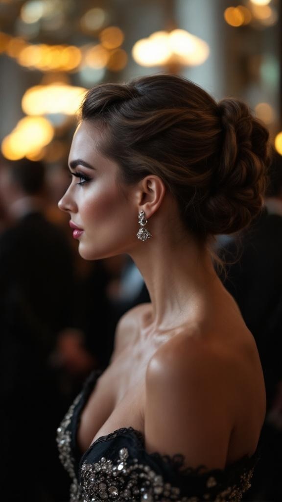 A woman with a classic French twist hairstyle, wearing elegant earrings and a black embellished dress.