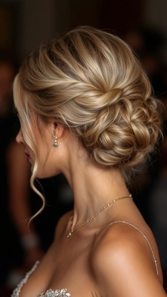 A woman with long hair styled in a classic French twist, featuring soft strands framing her face.