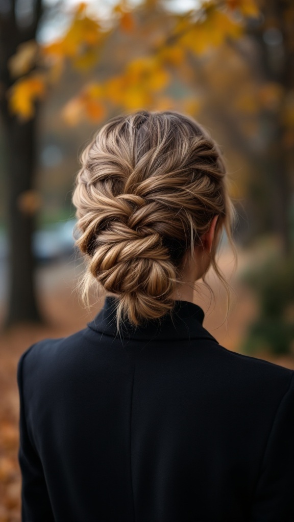 A woman with a modern French twist hairstyle, featuring soft texture and a polished look, surrounded by autumn leaves.