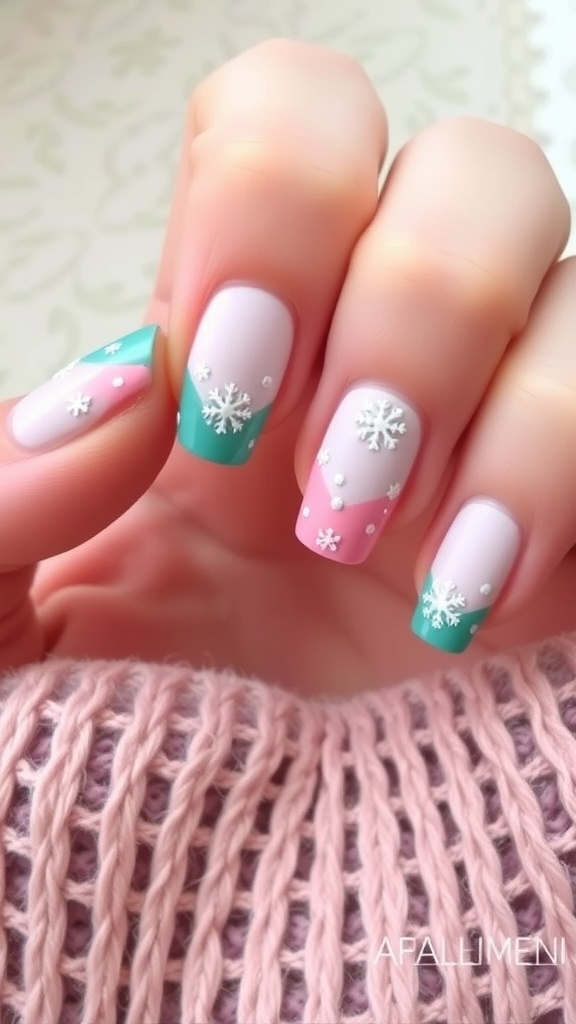 Nails featuring a classic French design with colorful tips and snowflake decorations
