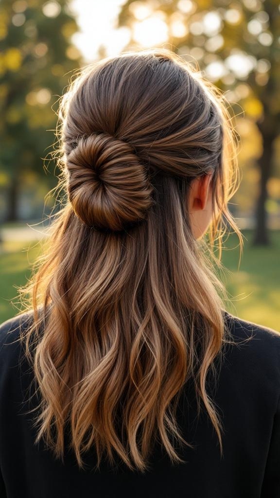 A woman with medium-length hair styled in a classic half-up bun, with soft waves flowing down.