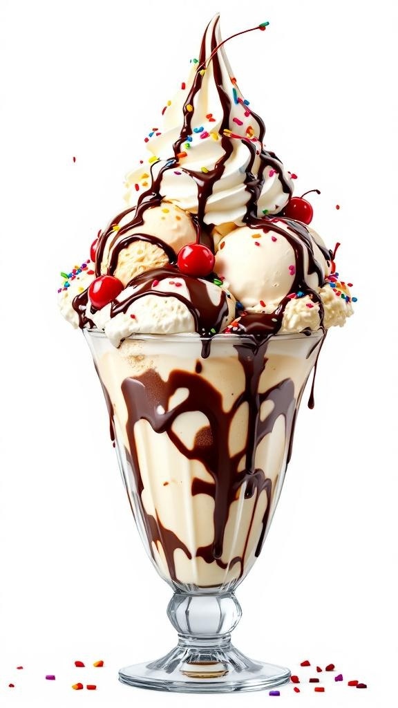 A delicious classic ice cream sundae topped with chocolate syrup, whipped cream, cherries, and sprinkles.