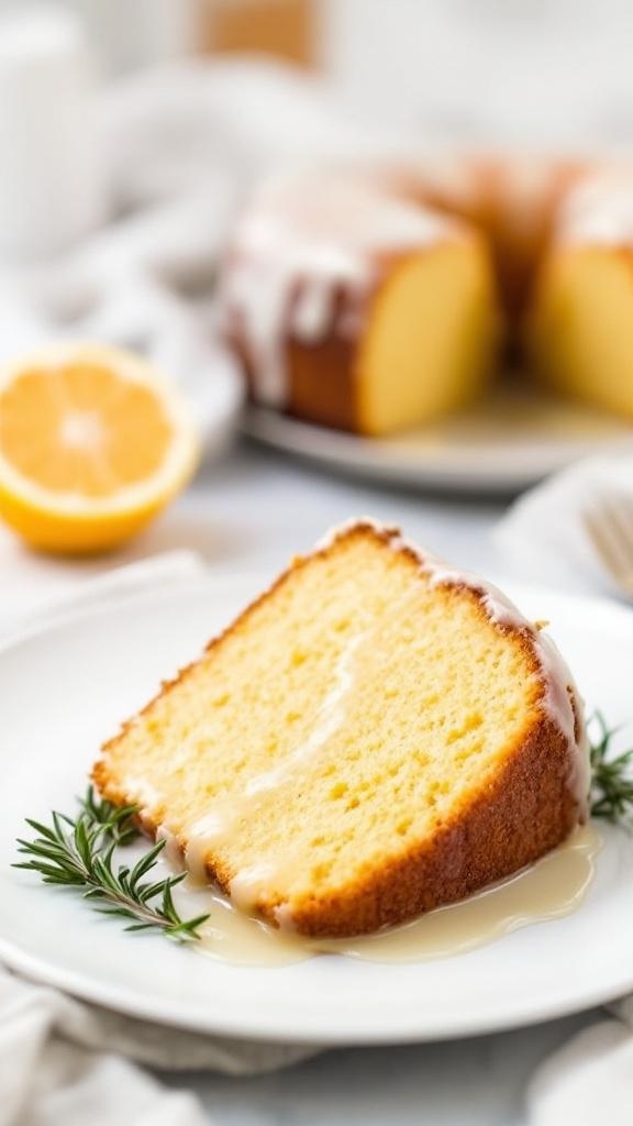 A slice of lemon pound cake on a plate with a lemon half and rosemary garnish.