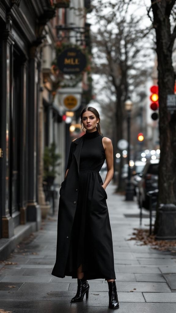 A model wearing a classic little black dress with an asymmetrical cut, standing on a city street.