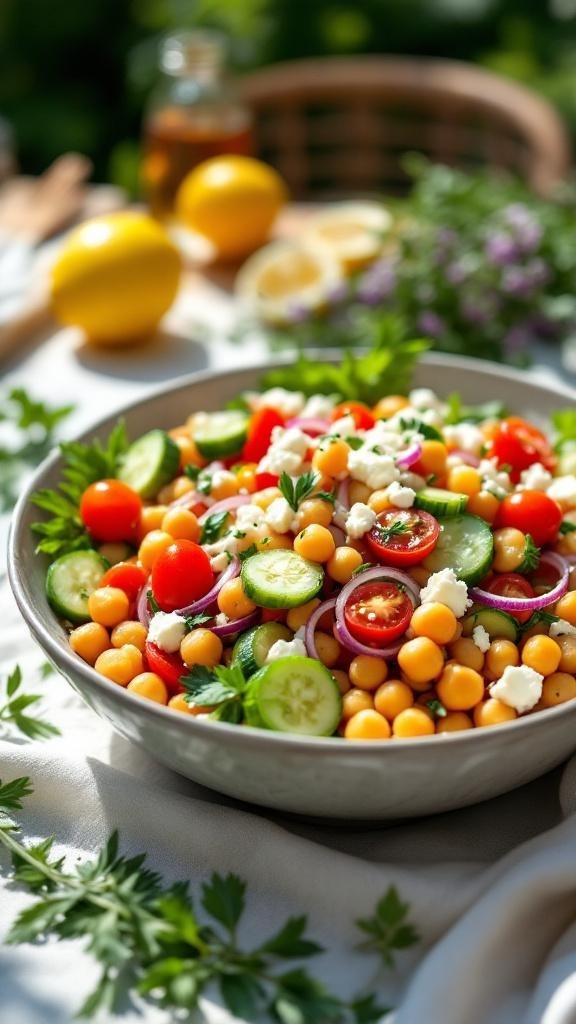 A bowl of Mediterranean Chickpea Salad with vibrant vegetables and feta cheese.