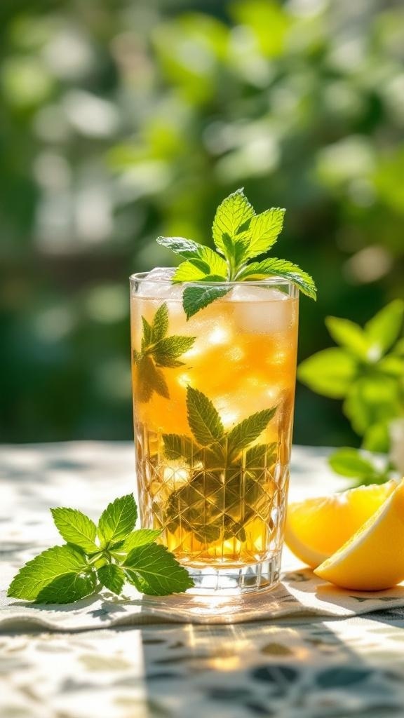 A refreshing glass of Classic Mint Iced Tea garnished with mint leaves and lemon slices.