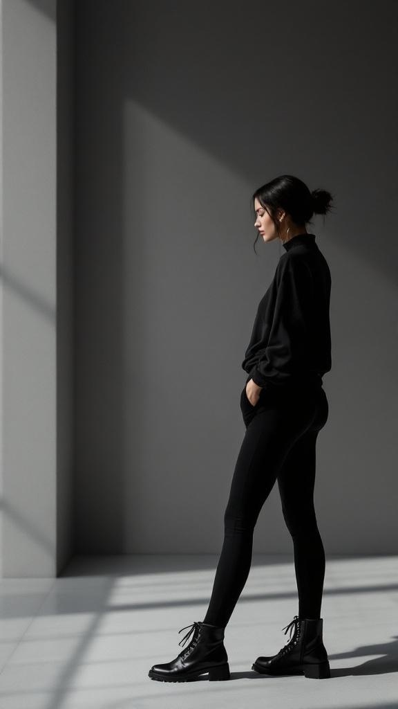 A model wearing a black outfit with leggings and ankle boots, standing in a well-lit space.