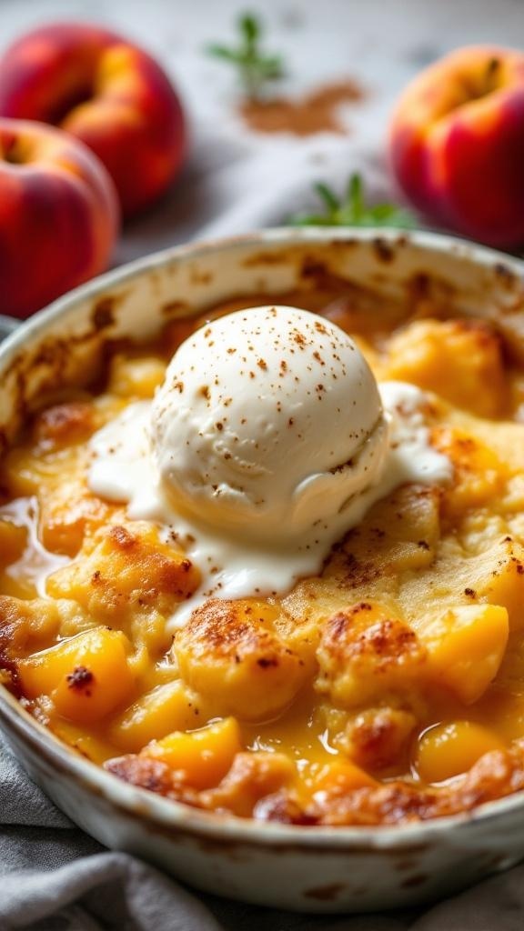 A delicious peach cobbler topped with ice cream, surrounded by fresh peaches.