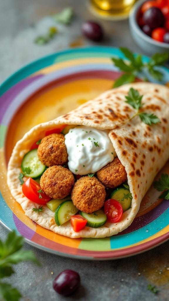 A colorful plate with a pita pocket filled with falafel, cucumbers, tomatoes, and yogurt sauce.