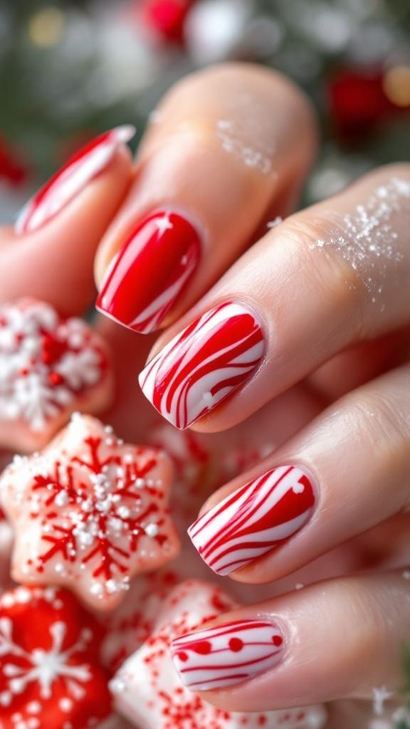 A collection of festive red and white decor items, including cookies, ornaments, and candy canes, set against a dark background.