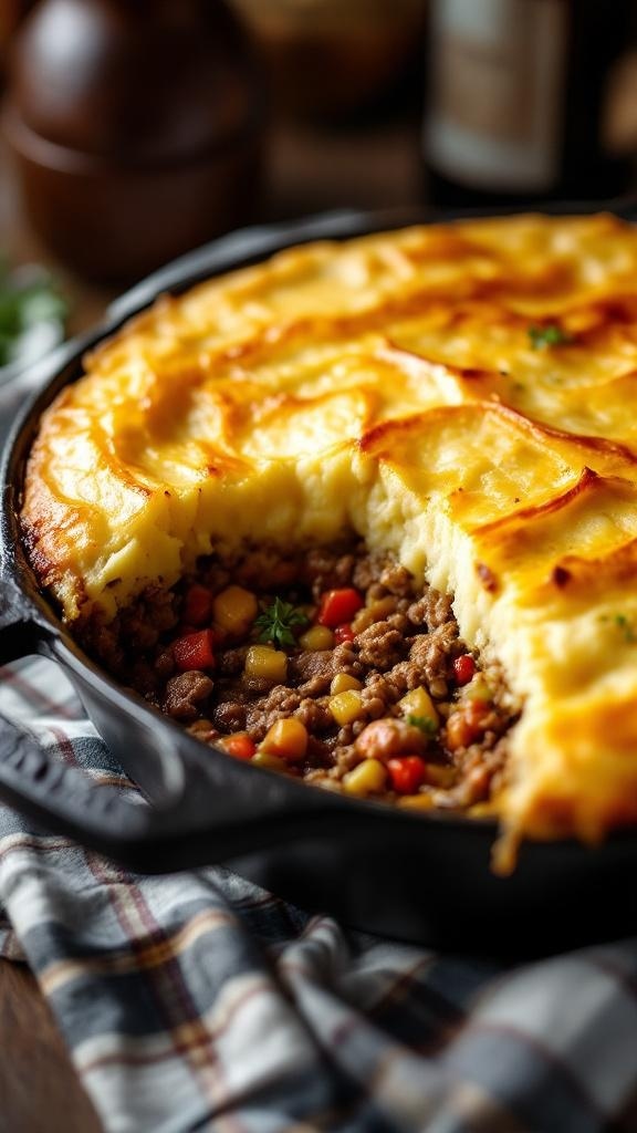 A delicious serving of classic shepherd's pie with a golden potato crust and savory filling.