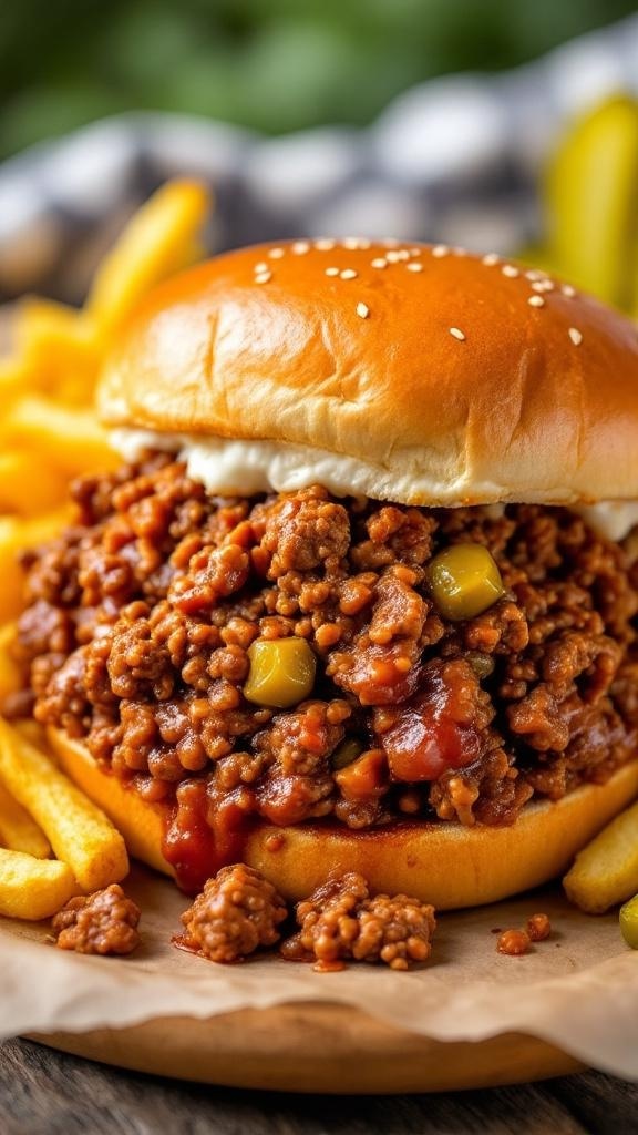 A delicious sloppy joe sandwich with ground beef and a side of fries.