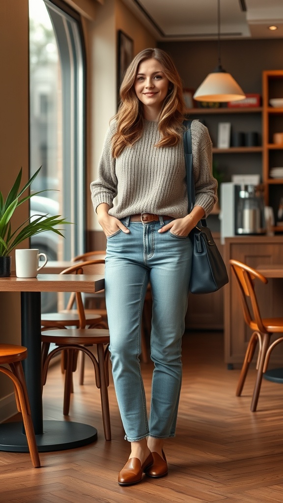 A man wearing a turtleneck sweater and straight-leg jeans in a café setting.