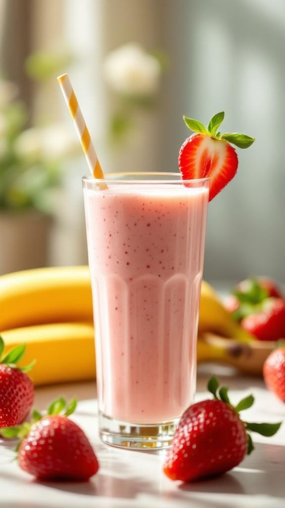 A refreshing classic strawberry banana smoothie in a tall glass with a straw, surrounded by fresh strawberries and bananas.