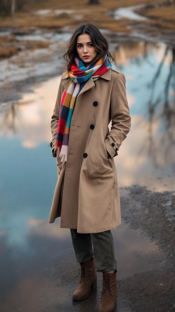 A woman in a beige trench coat and colorful scarf standing by a puddle on a rainy day.