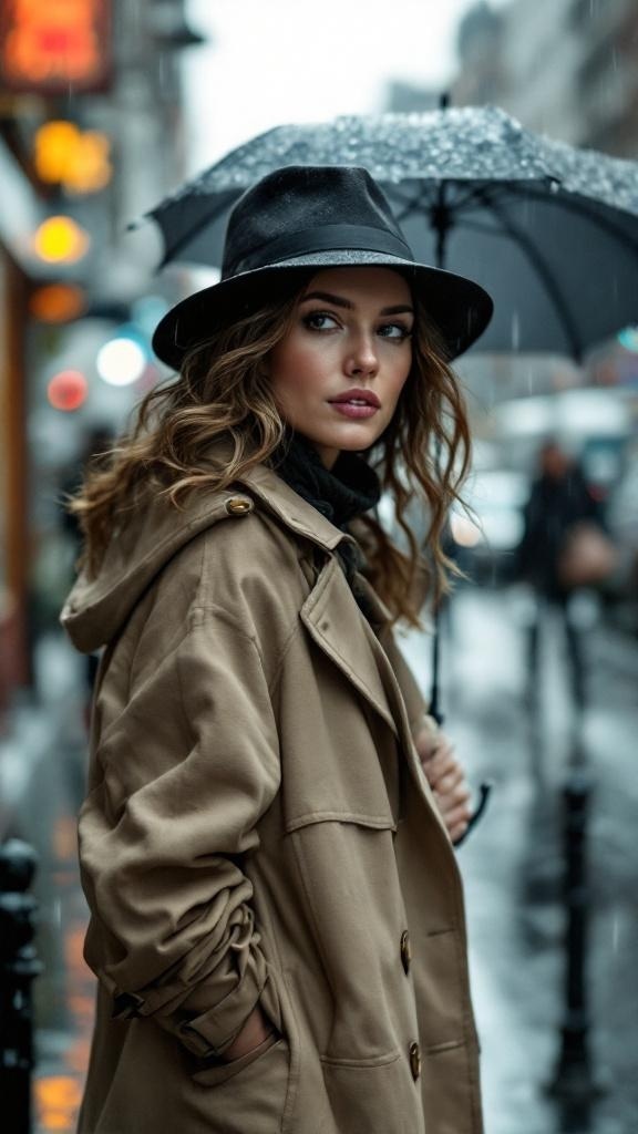 A woman in a classic trench coat and black hat holding an umbrella in the rain.