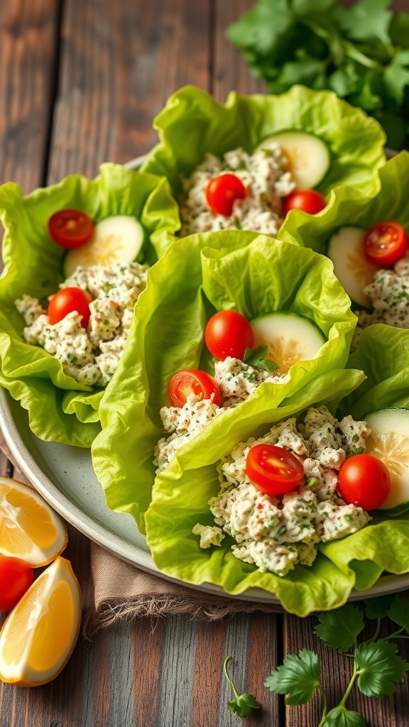 A plate of classic tuna salad lettuce wraps with cherry tomatoes and cucumber slices.