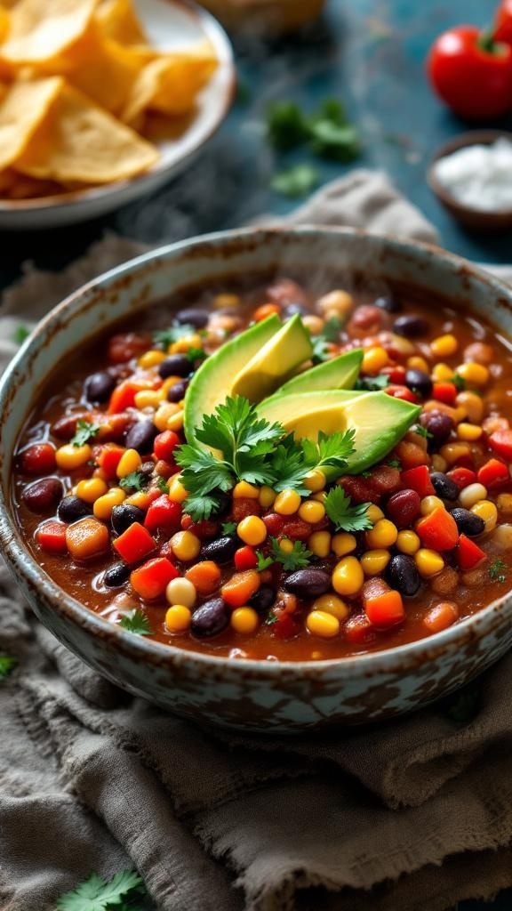 A bowl of classic vegetable chili topped with avocado slices and cilantro