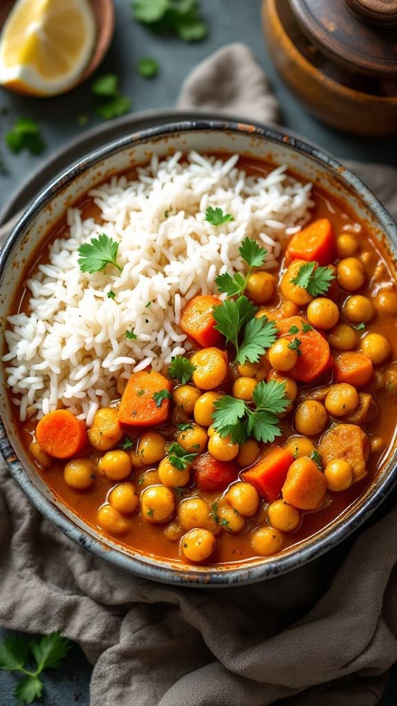 A bowl of classic vegetable curry with chickpeas served with rice, garnished with cilantro.