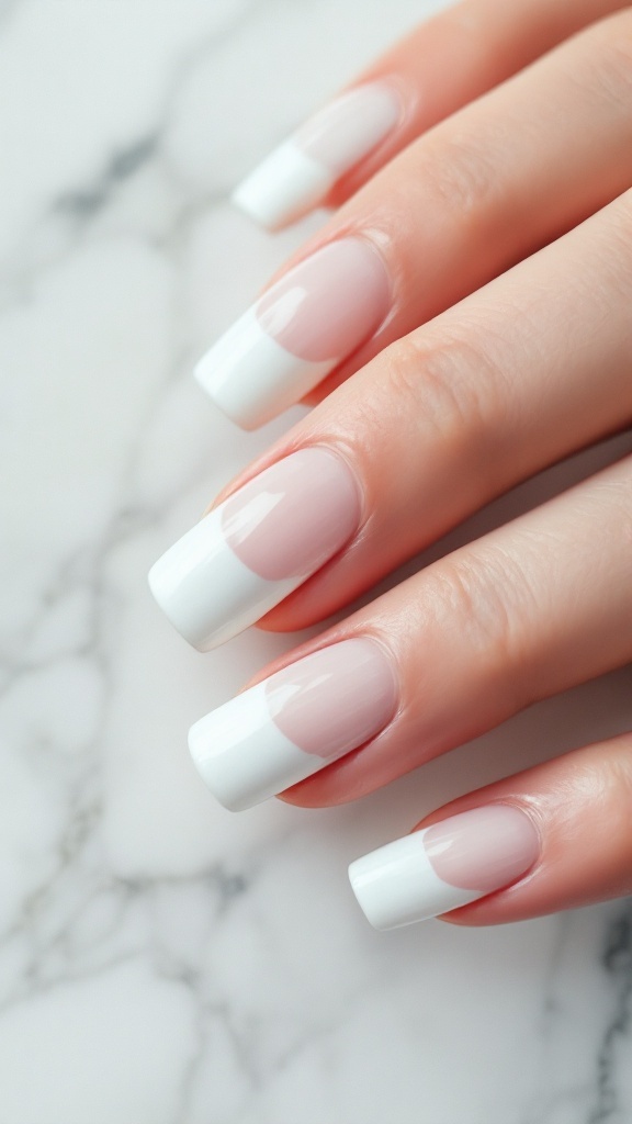 Classic white French tip nails on a marble surface