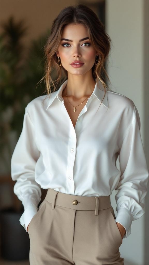 A woman wearing a classic white shirt and high-waisted trousers, looking stylish and confident.