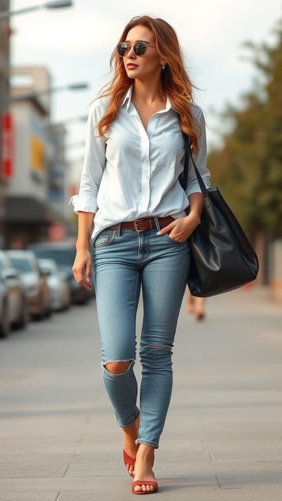 A classic white shirt, blue jeans, brown hat, sunglasses, and brown shoes arranged on a bed.