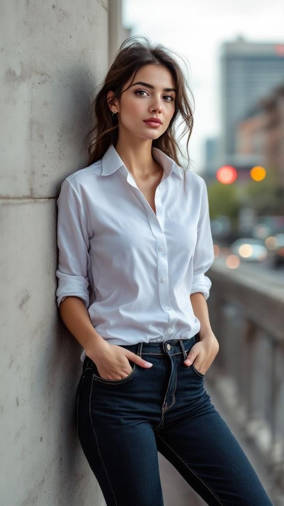 A woman in a classic white shirt and dark jeans, leaning against a wall in an urban setting.