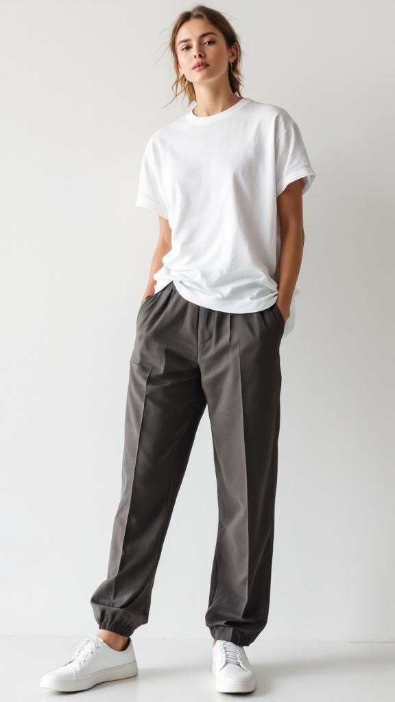 A person wearing a classic white tee and tailored trousers, showcasing a stylish and minimalist outfit.