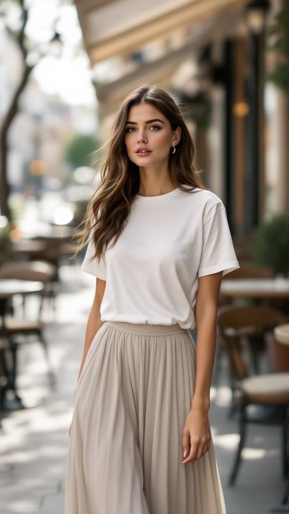 A woman wearing a classic white tee and a flowy midi skirt, walking in a chic urban setting.