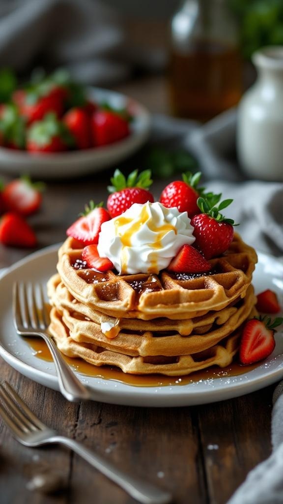 A stack of classic whole wheat waffles topped with strawberries and whipped cream.