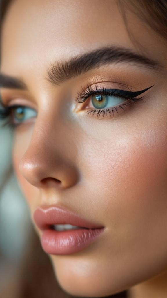 Close-up of a woman showcasing classic winged eyeliner with a natural makeup look.