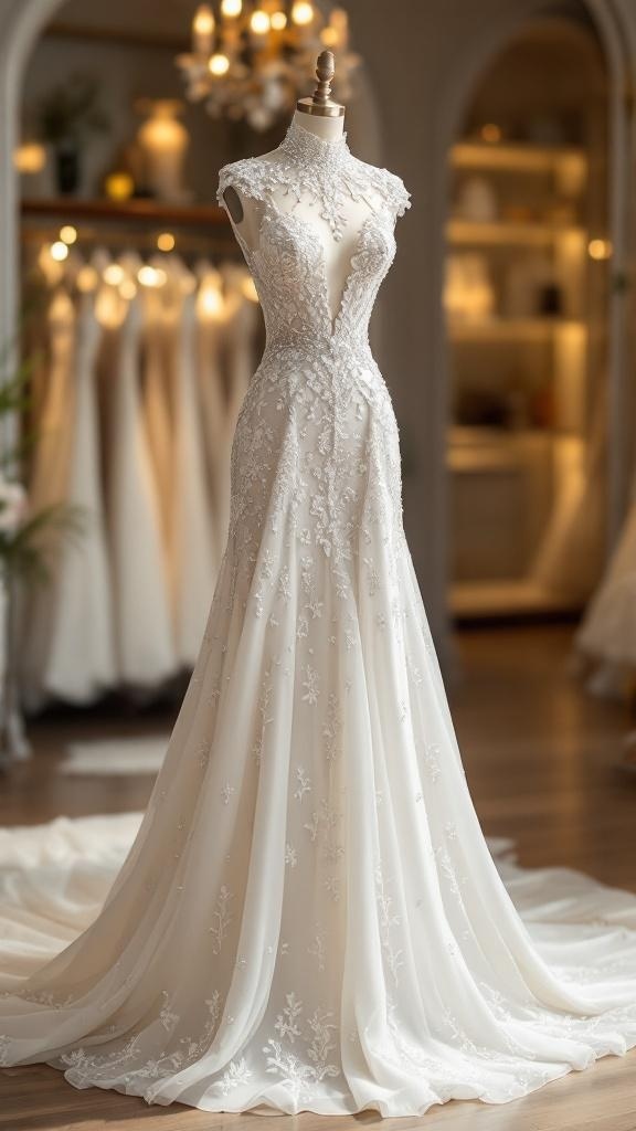High-neck wedding gown with lace details and a flowing train