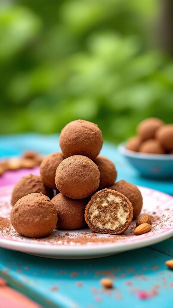 A plate of cocoa almond energy balls, some dusted with cocoa powder, showcasing a healthy no-bake dessert.