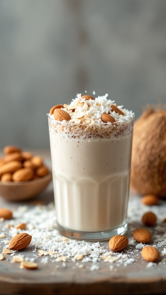 A smoothie topped with shredded coconut and almonds, placed on a wooden surface.